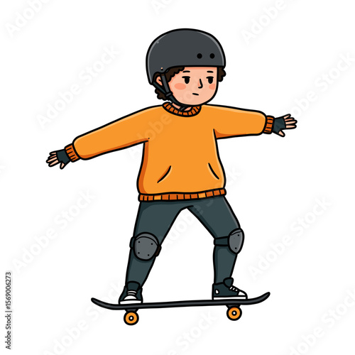 Young boy skateboarding in orange sweater with safety gear  