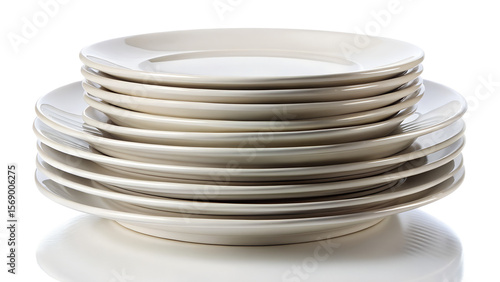 A stack of clean white ceramic plates, isolated on transparent background, ready for a formal dinner setting
