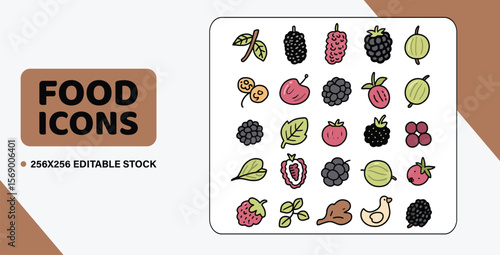 A sheet of 20 doodle-style vector icons of forest fruits, like a mulberry, a blackberry, and a gooseberry, on a transparent background.
