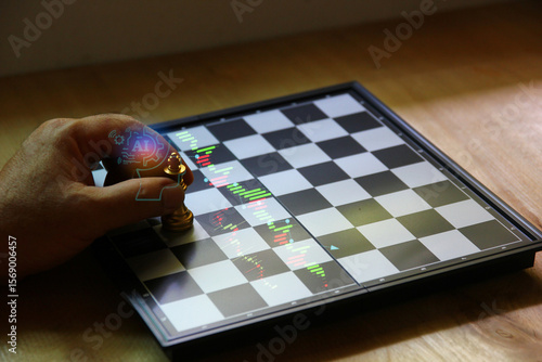 hand holding king chess on chess board. owner business using AI made busines model and create business strategy and key success, AI business concept