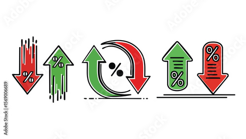 
Simple up and down arrows. Upward, downward arrows in green and red 