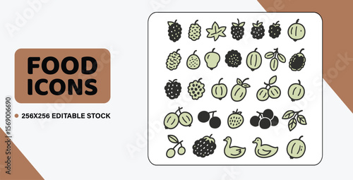 A sheet of 20 doodle-style vector icons of forest fruits, like a mulberry, a blackberry, and a gooseberry, on a transparent background.
