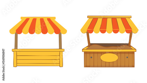 Two cartoon market stalls with yellow and orange striped awnings