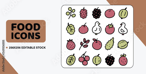 A sheet of 20 doodle-style vector icons of forest fruits, like a mulberry, a blackberry, and a gooseberry, on a transparent background.
