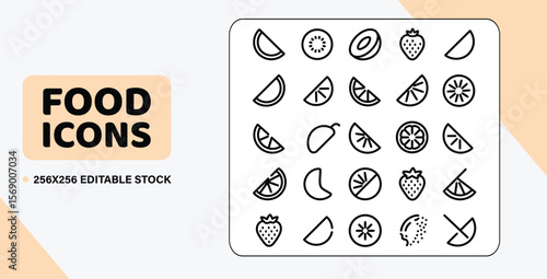 A collection of 16 line art vector icons of sliced fruits, such as a kiwi, a lemon, and a strawberry, arranged in a pattern.
