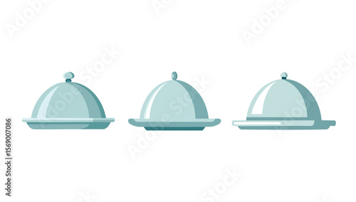 Three Silver Serving Dishes with Lids in a Row on White Background