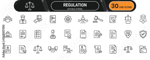Regulation line icon set. Containing law, compliance, control, rule, check, audit, legal, policy and more. Editable stroke. Vector illustration.