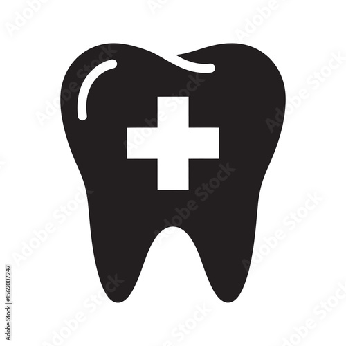 Dental treatment icon with tooth and medical cross symbolizing oral healthcare first aid stomatology clinic and professional dentistry services vector solid glyph