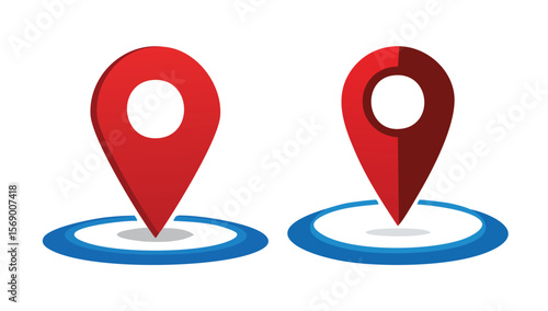 Two red location pin icons with blue circles on a white background