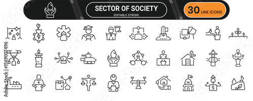 Sector of society line icon set. Containing education, healthcare, politics, environment, economy, media, family, religion and more. Editable stroke. Vector illustration.