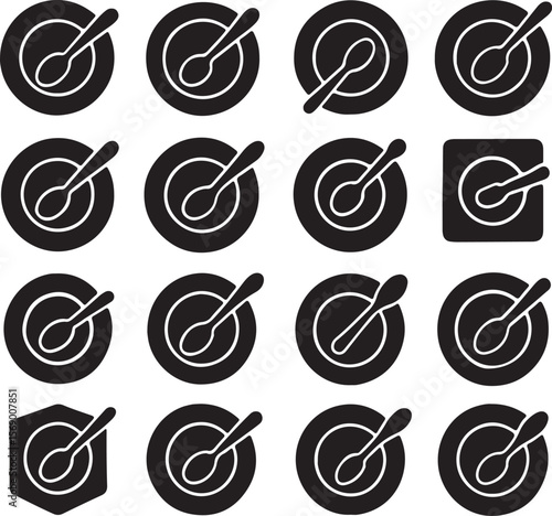 A set of 20 black vector silhouettes showing plates with spoons placed in different styles. Ideal for restaurant, kitchen, food service, or utensil-related design projects.
