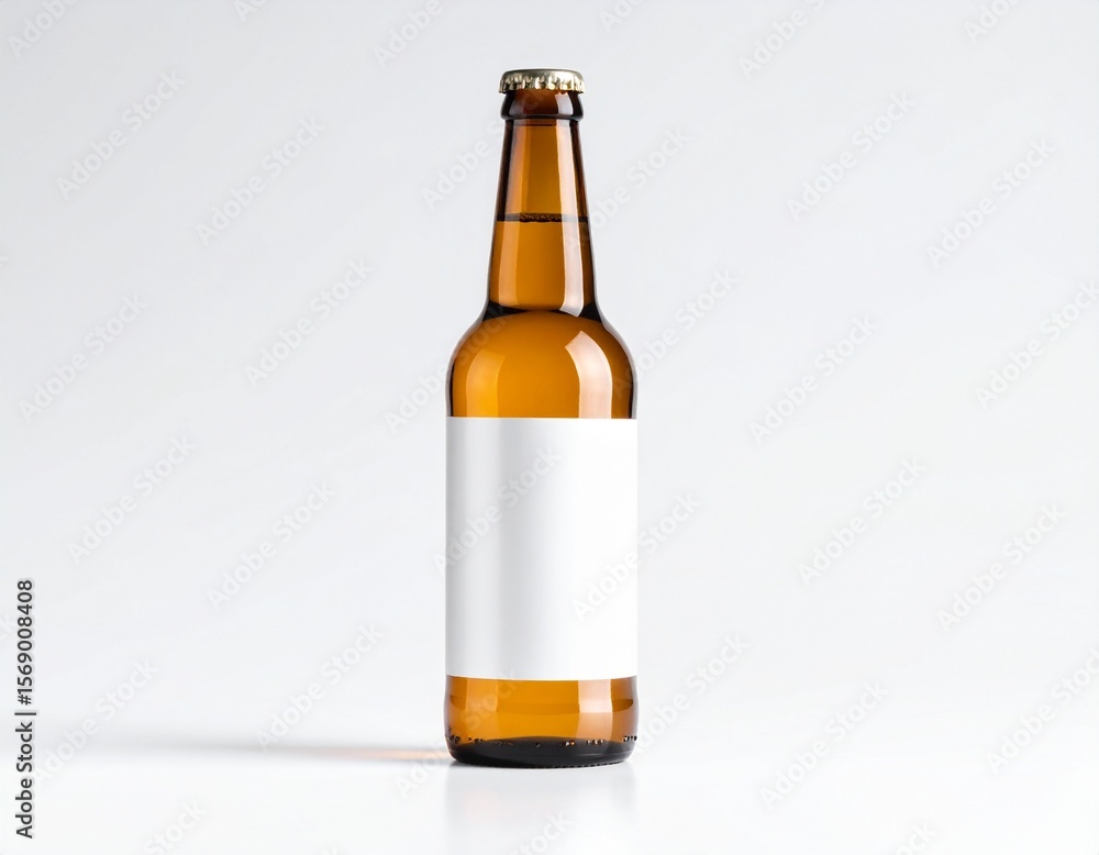 茶色い瓶ビールのモックアップサンプル 白い無地のラベル付 白背景 茶色い瓶ビールのモックアップサンプル 白い無地のラベル付 白背景