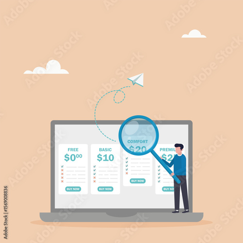 Tariff plan options for online services. Business pricing table. The character chooses a plan type. Vector illustration.	