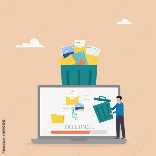 Delete concept. The character deletes data on the laptop and moves unnecessary files to the trash. Cleaning digital memory. Vector illustration.	