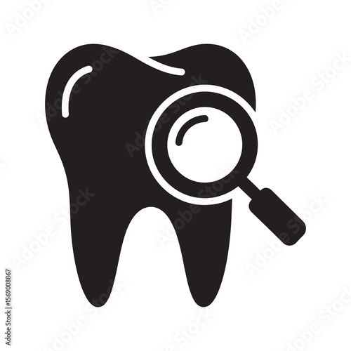 Dental checkup icon with tooth and magnifying glass symbolizing oral examination disease diagnosis and stomatology research for finding cavity problem vector solid glyph