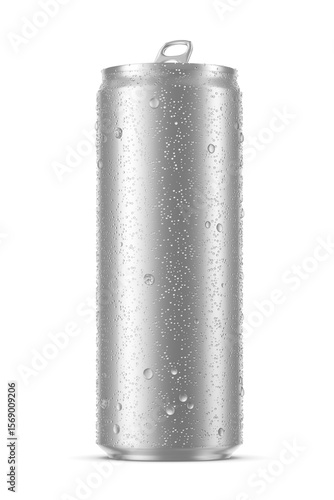 Chilled sleek drink can 355ml with water droplets isolated. 3D rendering illustration. Transparent PNG image.