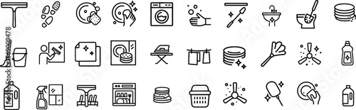 Cleaning and Housekeeping Icon Collection Containing Cleaning Supplies, Tools, and Equipment. Editable Stroke Icon Collection Outline Icon.
