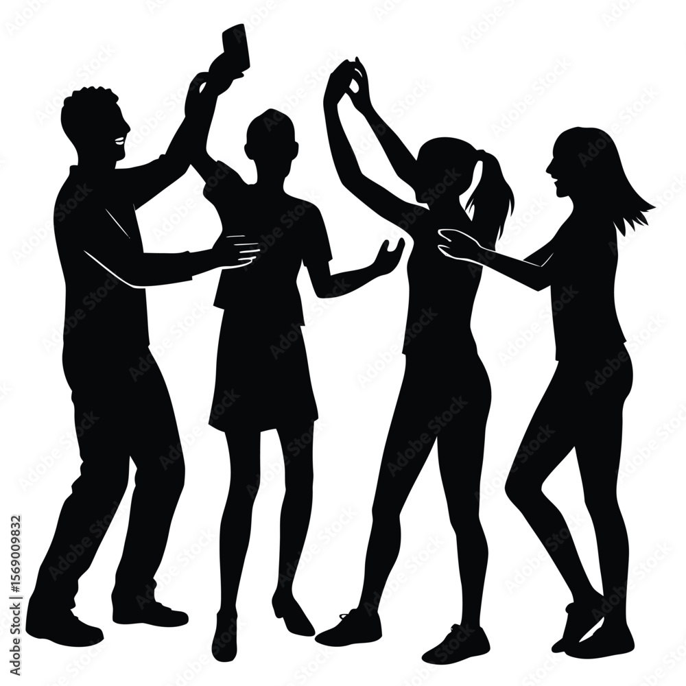 Fototapeta premium Silhouette of People Dancing and Having Fun Together Energetically Raising their Hands in the Air in Celebration