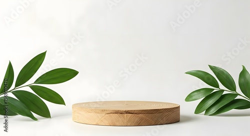 A clean and earthy display with a natural wood pedestal placed against a soft white background, green leaves scattered delicately around, perfect for showcasing eco-friendly products