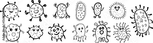 Set of cute hand-drawn bacteria and microbes in doodle style. Funny cartoon germs and viruses perfect for educational materials, children s books, posters, healthcare designs, or science-themed