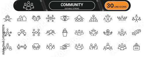 Community line icon set. Containing group, people, together, team, unity, society, culture, volunteer, network and more. Editable stroke. Vector illustration.