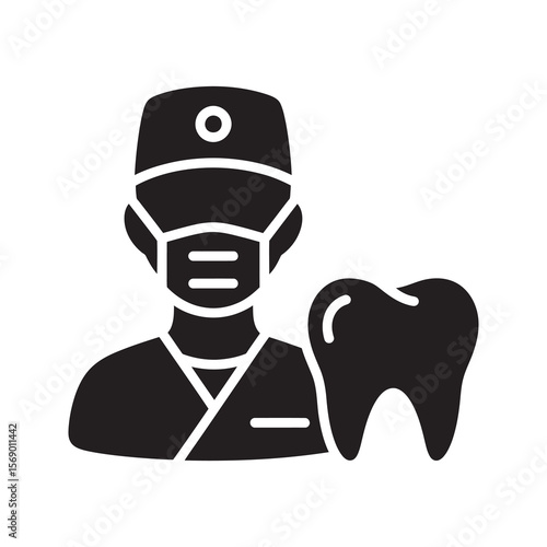 Professional dentist icon with doctor character in mask and head mirror next to molar tooth for stomatology clinic and oral healthcare specialist vector solid glyph