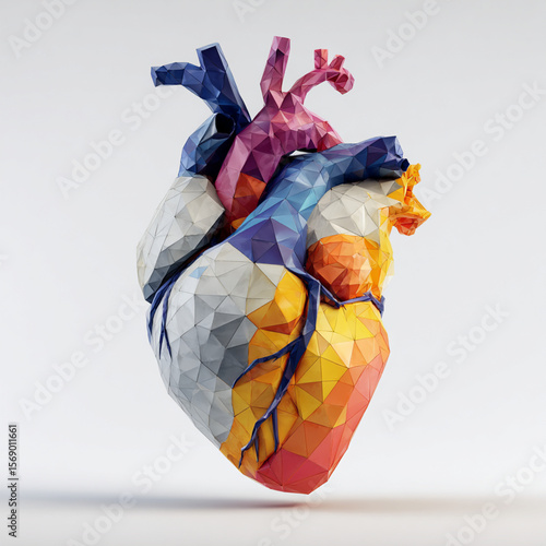 Realistic human heart anatomy image composed of 3D geometric cube shapes, medical concept art combined with modernist design