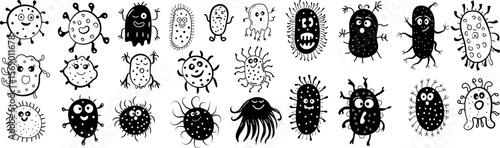 Set of cute hand-drawn bacteria and microbes in doodle style. Funny cartoon germs and viruses perfect for educational materials, children s books, posters, healthcare designs, or science-themed