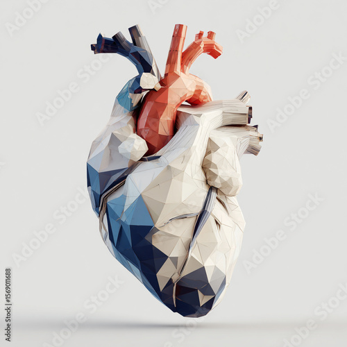 Realistic human heart anatomy image composed of 3D geometric cube shapes, medical concept art combined with modernist design