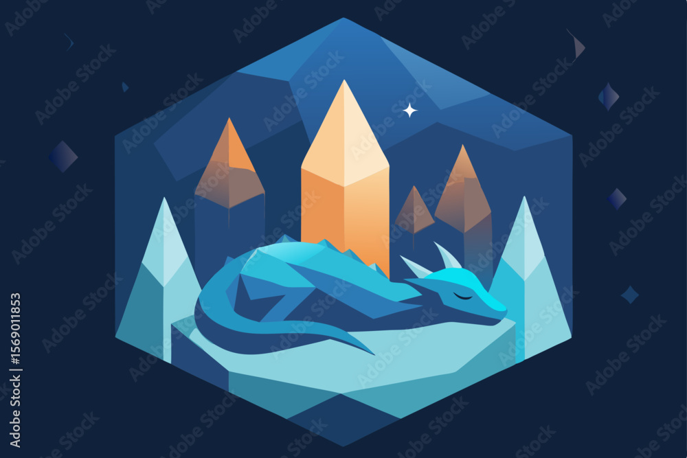 Naklejka Sleeping Dragon in Crystal Cave: A serene illustration of a blue dragon nestled amongst geometric crystals, sleeping peacefully under a starry night sky within a hexagonal crystal cave.