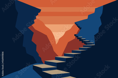 Journey Through the Canyon: An illustration of a stone staircase leading up through a canyon at sunset, guiding toward an unknown destination.