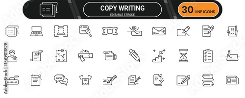 Copy writing line icon set. Containing text, content, typing, keyboard, writing, pen, article, paragraph, notes and more. Editable stroke. Vector illustration.