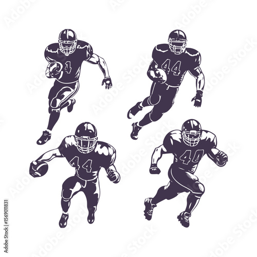 American football player illustration set. Vector graphic of athletes running in dynamic action poses for sports team design.