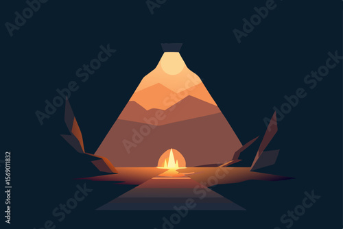 Illuminated Path to Horizon: A stylized illustration presents a solitary road, illuminated by a beacon, leading towards a distant horizon of mountains under a warm, inviting light.