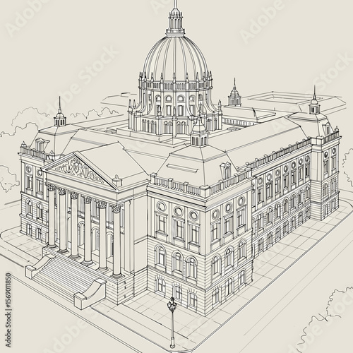 Architectural sketch of a historical government building  