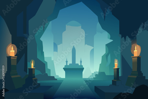 Mystic Blue Cave: An blue Illustration of a captivating subterranean cave adorned with glowing candles, leading to a mysterious structure with ethereal backdrop, exuding an aura of magic