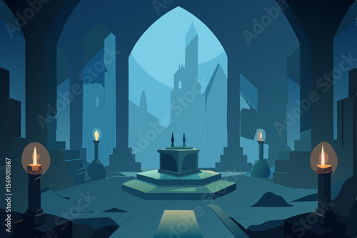Mystical Shrine: A majestic, gothic-inspired interior, with tall columns, arches, and faint candlelight, evoking a sense of mystery and wonder. The backdrop reveals a shadowy cityscape.