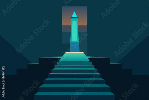 Mysterious Monolith: A glowing cyan obelisk stands majestically at the top of a dark staircase, shrouded in mystery within a dimly lit chamber. The scene evokes a sense of wonder and intrigue.