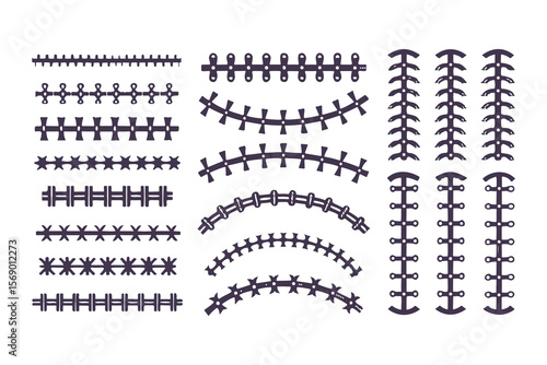 Football laces and stitches vector icon set. Graphic elements for American football design, sports logos, and apparel.
