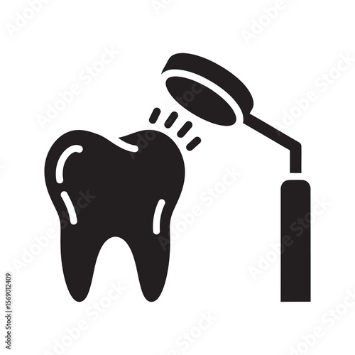 Tooth cleaning procedure icon with dental scaler tool for professional oral hygiene plaque removal and stomatology treatment in a dentistry clinic vector solid glyph