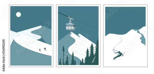 Modern retro ski posters, snowboard art prints