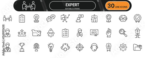 Expert line icon set. Containing professional, consultant, skill, guidance, experience, knowledge, mentor and more. Editable stroke. Vector illustration.