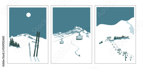 Modern retro ski posters, snowboard art prints