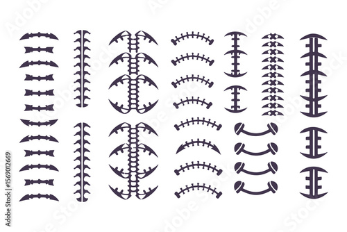 Football laces and stitches vector icon set. Graphic elements for American football design, sports logos, and apparel.