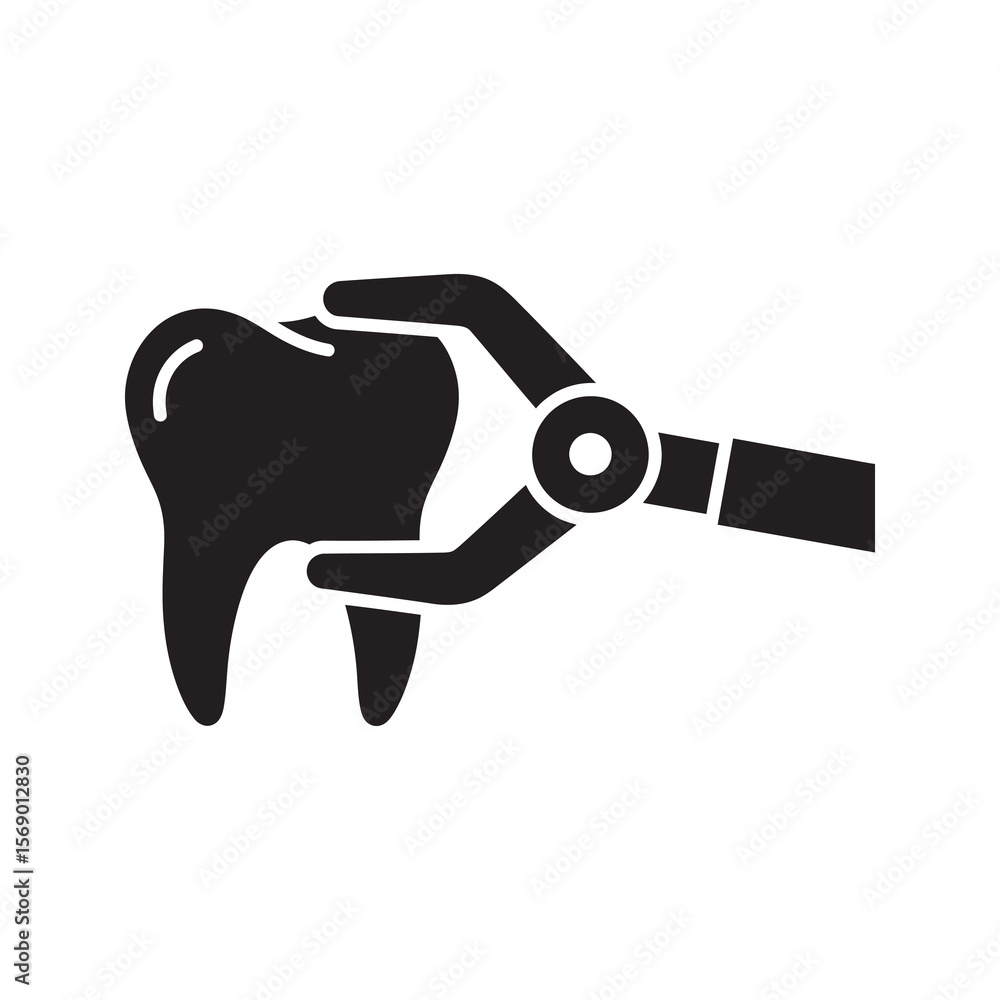 Obraz premium Tooth extraction icon with dental forceps tool removing a molar for oral surgery procedure at stomatology clinic due to decay or dental problem vector solid glyph