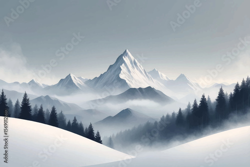 Snowy Mountain Ridge in Foggy Winter Landscape