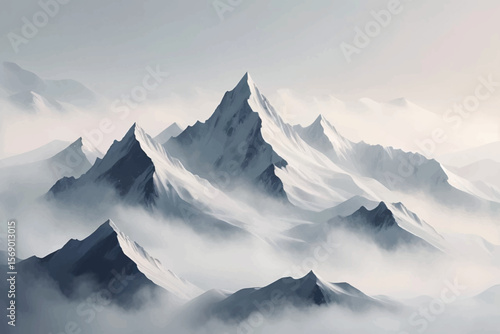 Snowy Mountain Ridge in Foggy Winter Landscape