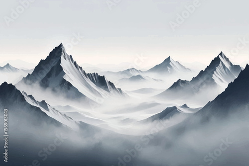 Snowy Mountain Ridge in Foggy Winter Landscape
