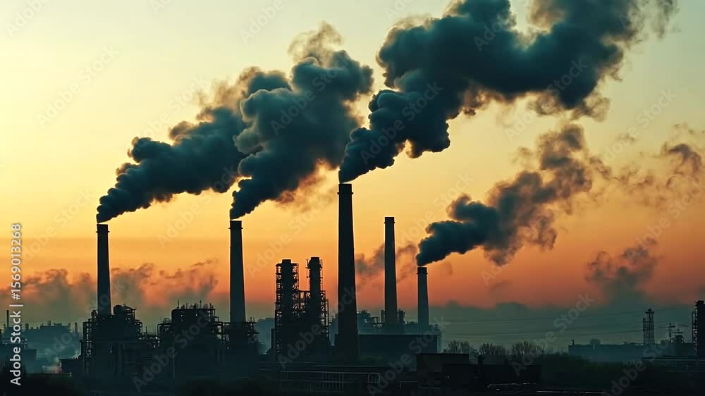 Industrial Pollution at Sunset: Factory Smoke and Environmental Concerns Depicted in Footage Industrial Pollution at Sunset: Factory Smoke and Environmental Concerns Depicted in Footage