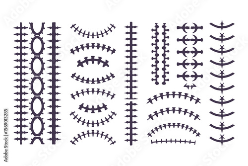 Football laces and stitches vector icon set. Graphic elements for American football design, sports logos, and apparel.